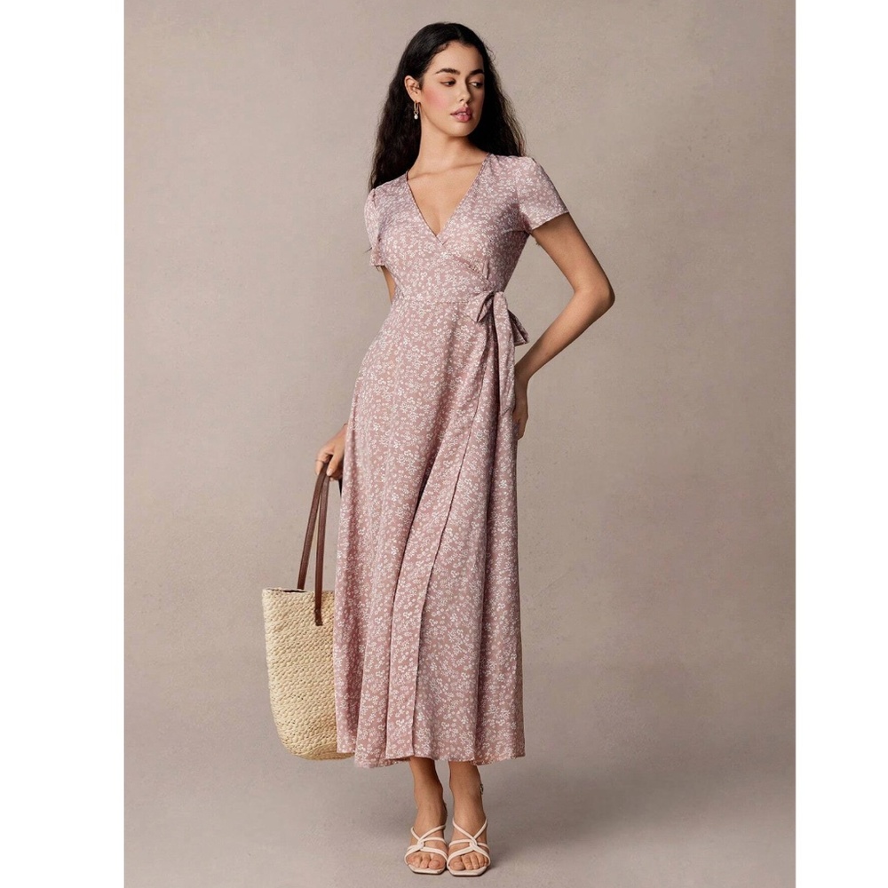 Dusty Pink Floral Print Long Wrap Dress - Picture 9 of 14